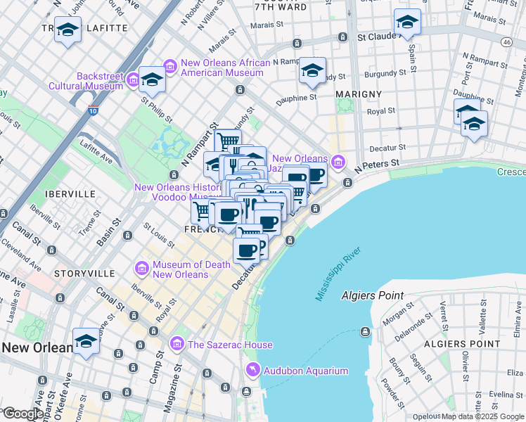map of restaurants, bars, coffee shops, grocery stores, and more near 902 Royal Street in New Orleans