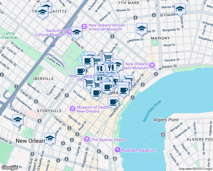 map of restaurants, bars, coffee shops, grocery stores, and more near in New Orleans