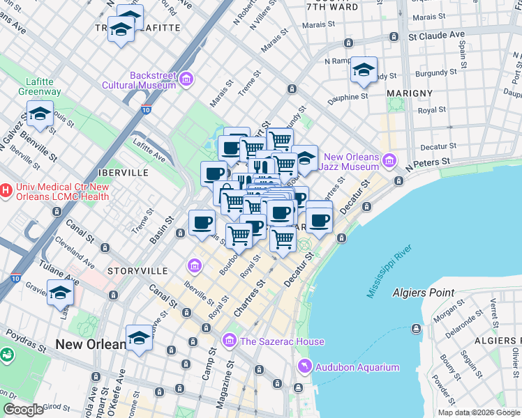 map of restaurants, bars, coffee shops, grocery stores, and more near 839 Saint Ann Street in New Orleans