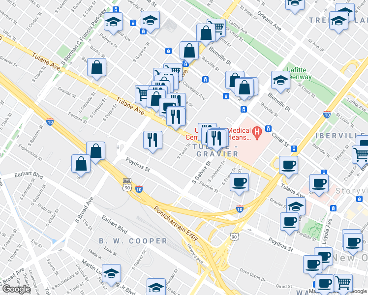 map of restaurants, bars, coffee shops, grocery stores, and more near 516 South Tonti Street in New Orleans