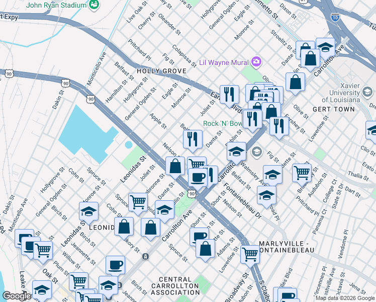 map of restaurants, bars, coffee shops, grocery stores, and more near 8336 Apple Street in New Orleans