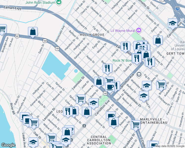 map of restaurants, bars, coffee shops, grocery stores, and more near 2501 Joliet Street in New Orleans
