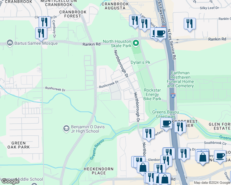map of restaurants, bars, coffee shops, grocery stores, and more near 633 Rushcreek Drive in Houston
