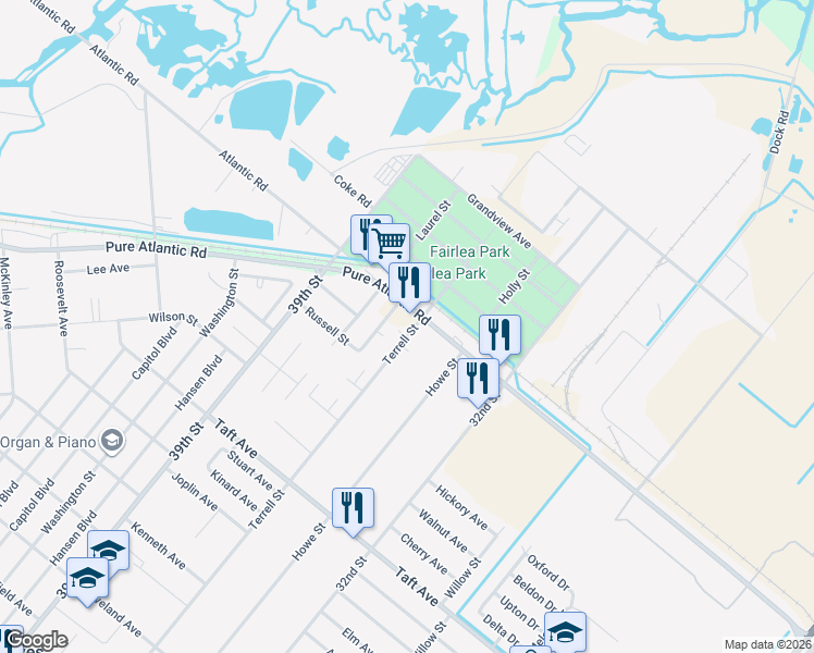 map of restaurants, bars, coffee shops, grocery stores, and more near 3701 Pure Atlantic Road in Groves