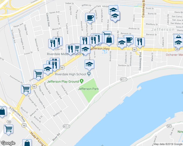 map of restaurants, bars, coffee shops, grocery stores, and more near 333 Riverdale Drive in Jefferson