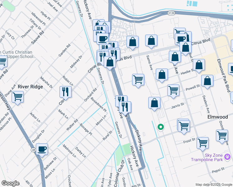 map of restaurants, bars, coffee shops, grocery stores, and more near 1437 Hickory Avenue in Harahan