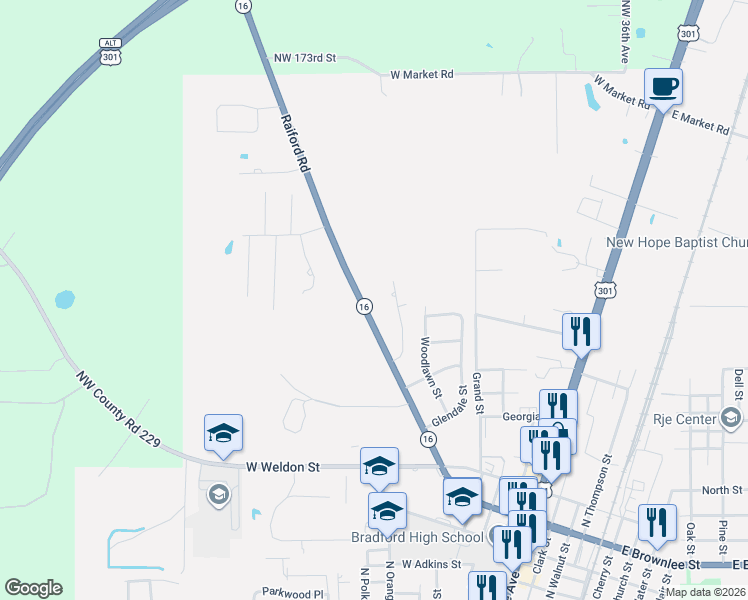 map of restaurants, bars, coffee shops, grocery stores, and more near 1206 Raiford Road in Starke
