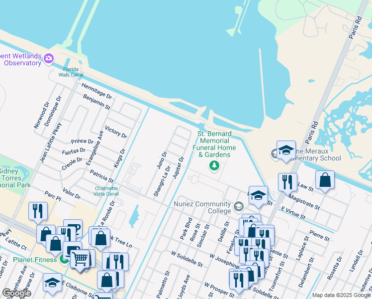 map of restaurants, bars, coffee shops, grocery stores, and more near 4005 Jupiter Drive in Chalmette
