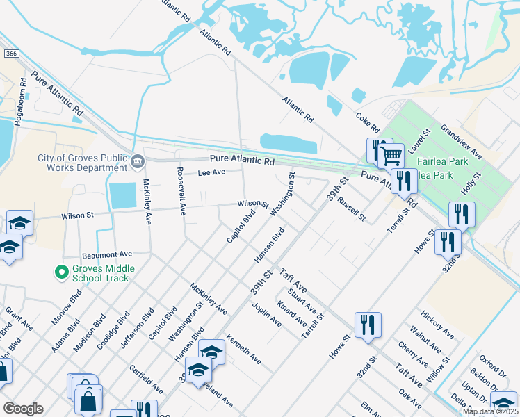 map of restaurants, bars, coffee shops, grocery stores, and more near 4249 Wilson St in Groves