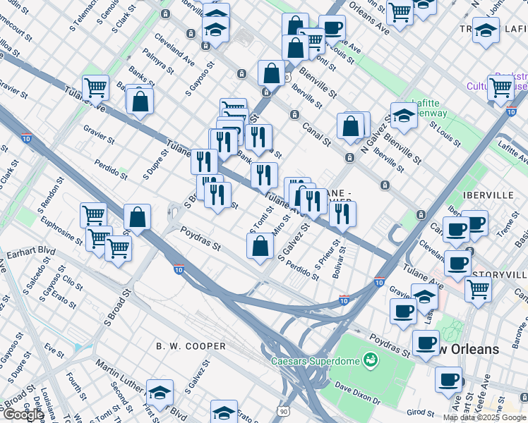 map of restaurants, bars, coffee shops, grocery stores, and more near 535 South Tonti Street in New Orleans