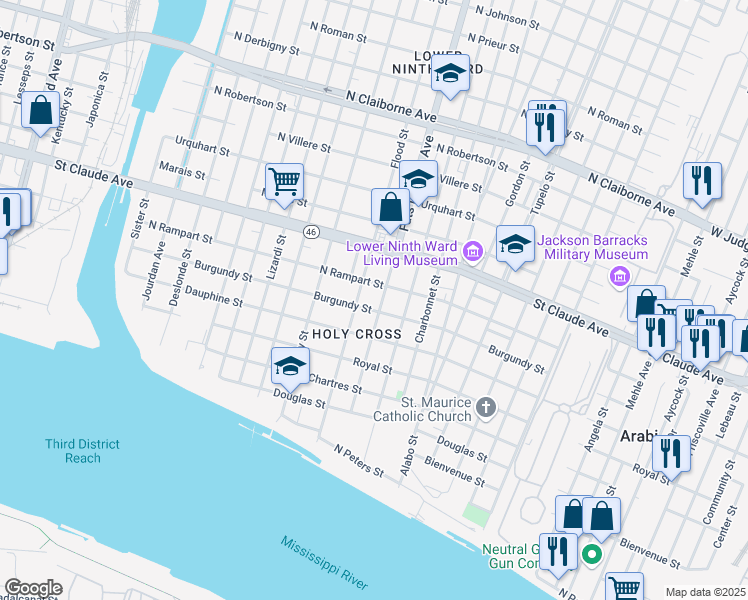 map of restaurants, bars, coffee shops, grocery stores, and more near 916 Fats Domino Avenue in New Orleans
