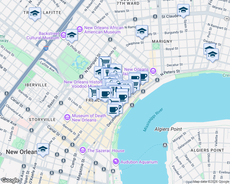 map of restaurants, bars, coffee shops, grocery stores, and more near 632 Dumaine Street in New Orleans