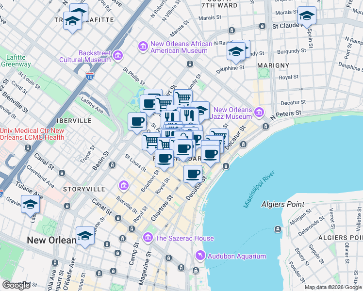 map of restaurants, bars, coffee shops, grocery stores, and more near in New Orleans