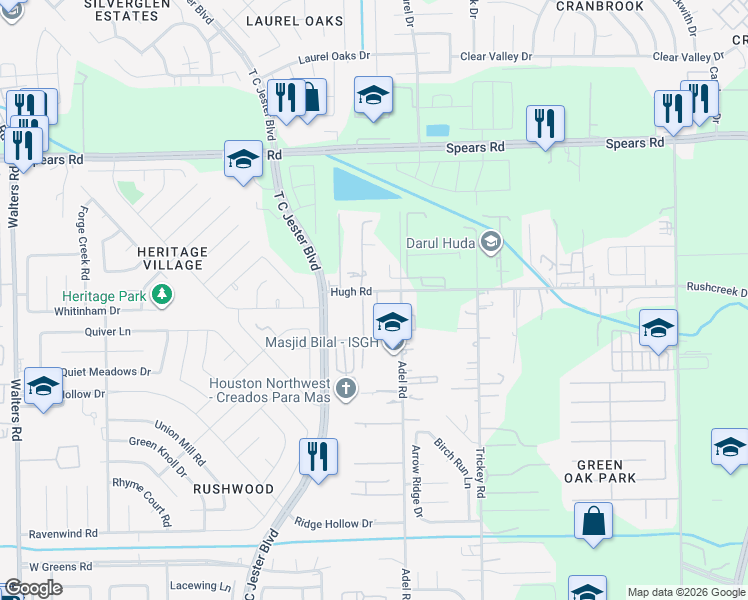 map of restaurants, bars, coffee shops, grocery stores, and more near 1675 Hugh Road in Houston