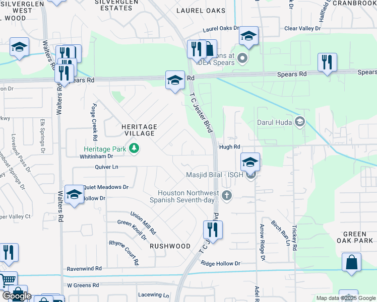 map of restaurants, bars, coffee shops, grocery stores, and more near 12007 Minutemen Court in Houston