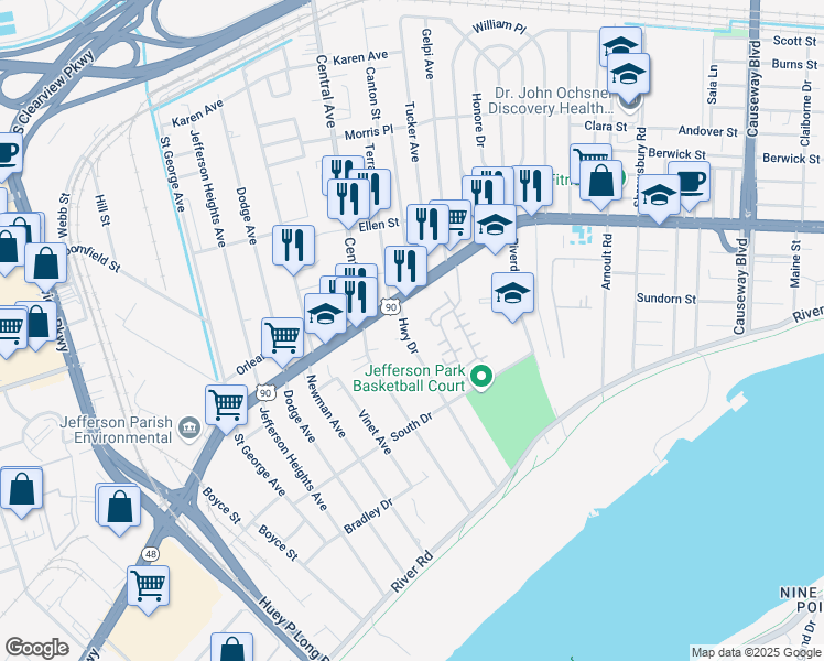 map of restaurants, bars, coffee shops, grocery stores, and more near 423 Highway Drive in Jefferson
