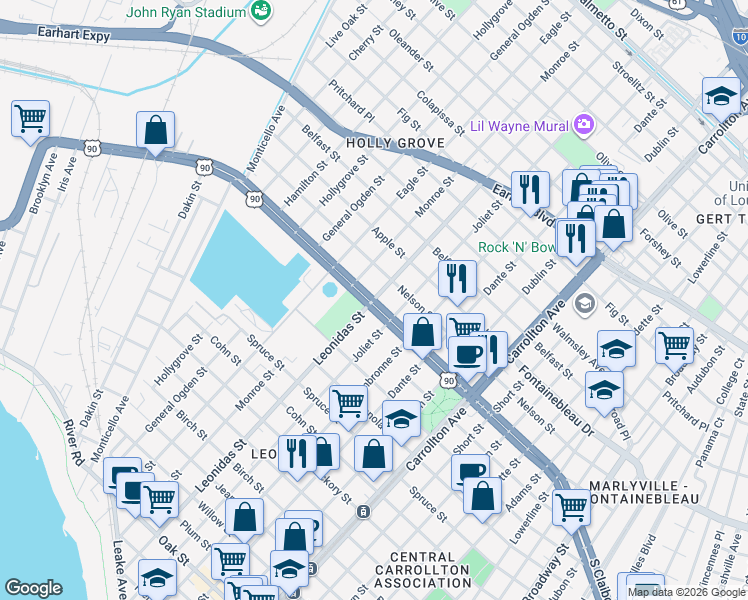 map of restaurants, bars, coffee shops, grocery stores, and more near S Claiborne Ave & Leonidas St in New Orleans