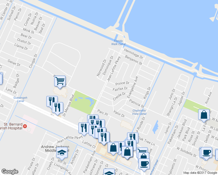 map of restaurants, bars, coffee shops, grocery stores, and more near 8329 Fairfax Drive in Chalmette