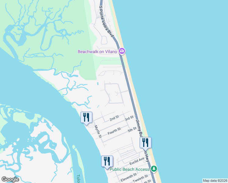 map of restaurants, bars, coffee shops, grocery stores, and more near 4602 Sandcastle Circle in St. Augustine
