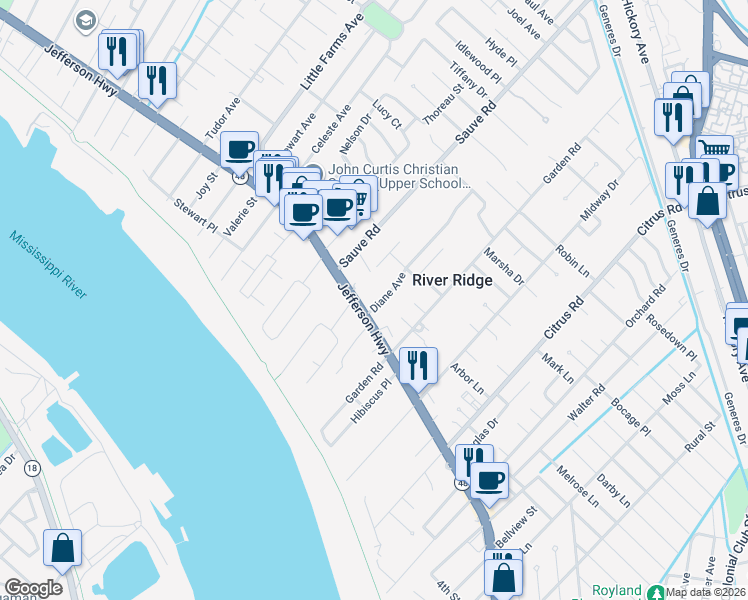 map of restaurants, bars, coffee shops, grocery stores, and more near 124 Diane Avenue in River Ridge