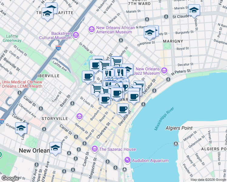 map of restaurants, bars, coffee shops, grocery stores, and more near St Ann St & Bourbon St in New Orleans