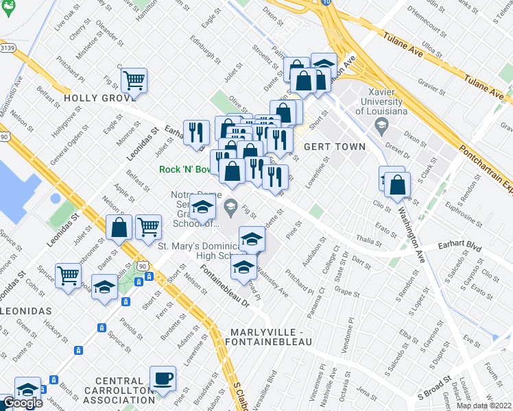 map of restaurants, bars, coffee shops, grocery stores, and more near 3022 Fern Street in New Orleans
