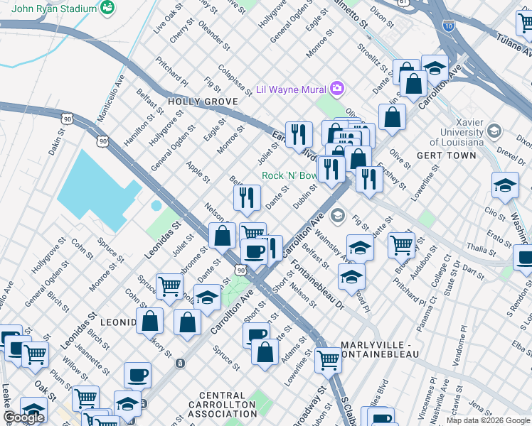 map of restaurants, bars, coffee shops, grocery stores, and more near 2643 Dante Street in New Orleans