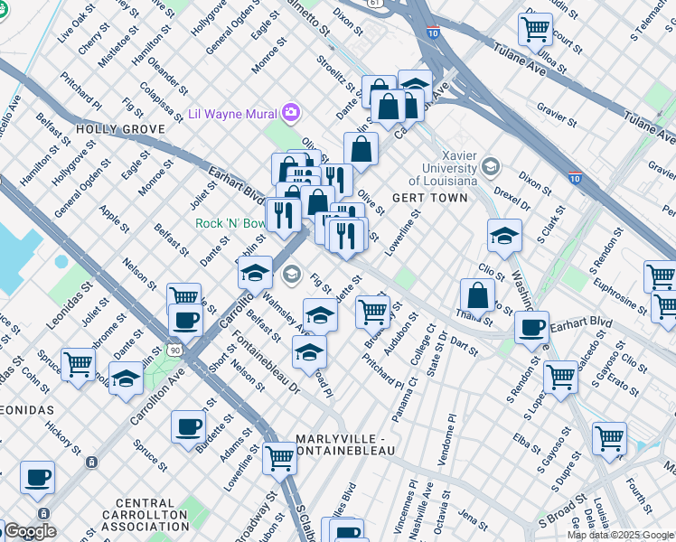 map of restaurants, bars, coffee shops, grocery stores, and more near 7832 Colapissa Street in New Orleans