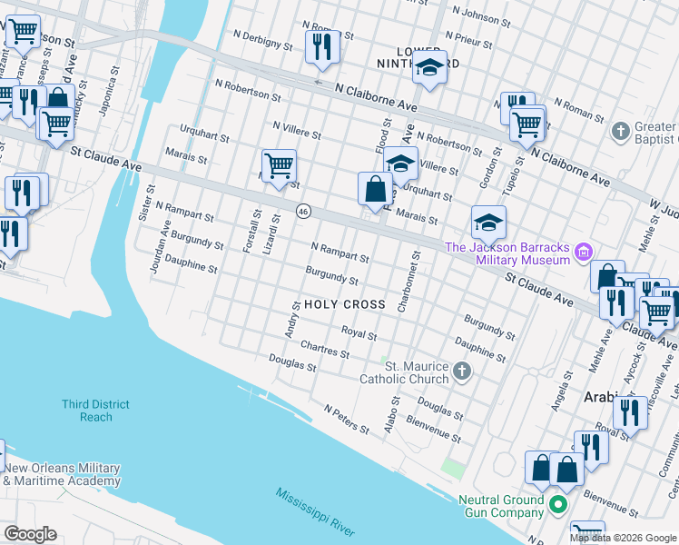 map of restaurants, bars, coffee shops, grocery stores, and more near 5451 Burgundy Street in New Orleans