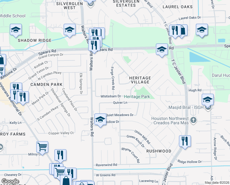 map of restaurants, bars, coffee shops, grocery stores, and more near 2651 Forge Creek Road in Houston