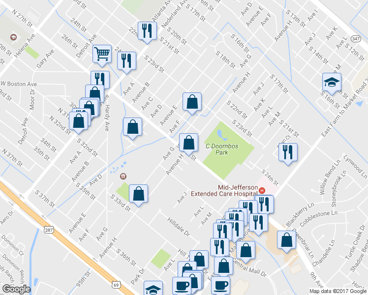 map of restaurants, bars, coffee shops, grocery stores, and more near 2624 Avenue H in Nederland