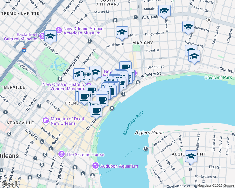 map of restaurants, bars, coffee shops, grocery stores, and more near 13 French Market Place in New Orleans