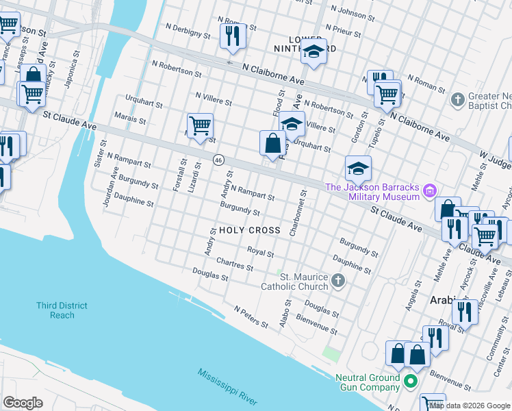 map of restaurants, bars, coffee shops, grocery stores, and more near 916 Caffin Avenue in New Orleans