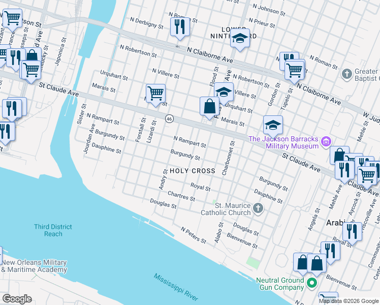 map of restaurants, bars, coffee shops, grocery stores, and more near 5451 Burgundy Street in New Orleans