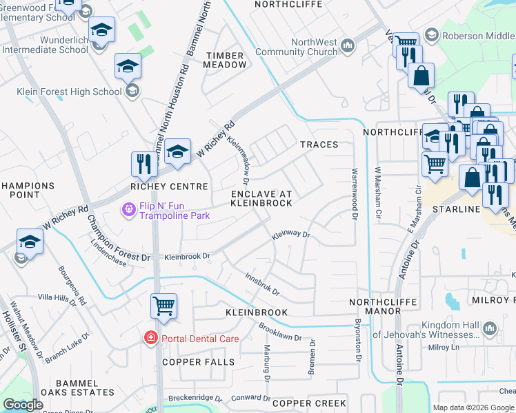 map of restaurants, bars, coffee shops, grocery stores, and more near 12410 Kleingate Lane in Houston