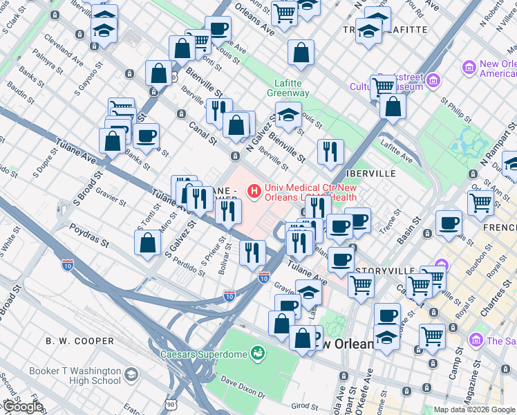 map of restaurants, bars, coffee shops, grocery stores, and more near 1918 Cleveland Avenue in New Orleans