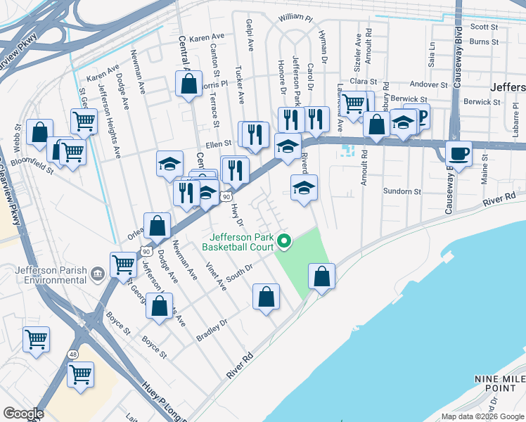 map of restaurants, bars, coffee shops, grocery stores, and more near 1903 Audubon Trace in Jefferson
