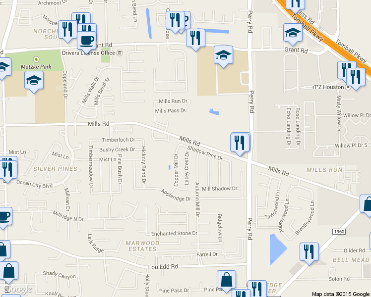 map of restaurants, bars, coffee shops, grocery stores, and more near 12811 Lacey Crest Dr in Houston
