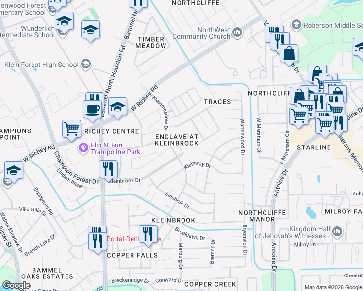 map of restaurants, bars, coffee shops, grocery stores, and more near 12410 Kleingate Lane in Houston