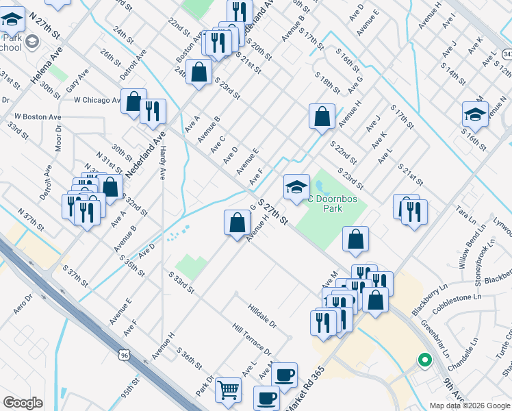 map of restaurants, bars, coffee shops, grocery stores, and more near 2720 Avenue G in Nederland