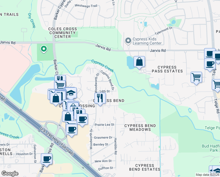 map of restaurants, bars, coffee shops, grocery stores, and more near 16214 14th Street in Cypress