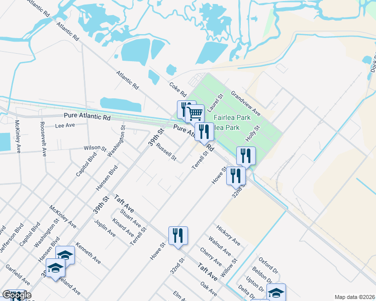 map of restaurants, bars, coffee shops, grocery stores, and more near 7211 Hayman Street in Groves