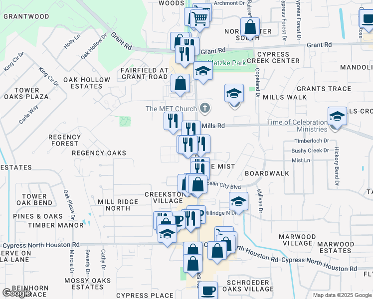 map of restaurants, bars, coffee shops, grocery stores, and more near 11020 Saathoff Drive in Cypress