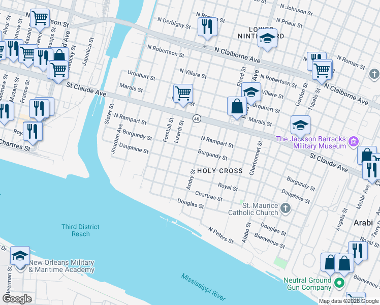 map of restaurants, bars, coffee shops, grocery stores, and more near 8 Dauphine Street in New Orleans