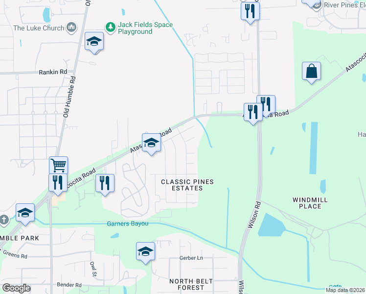 map of restaurants, bars, coffee shops, grocery stores, and more near 3206 Grand Prix Dr in Humble