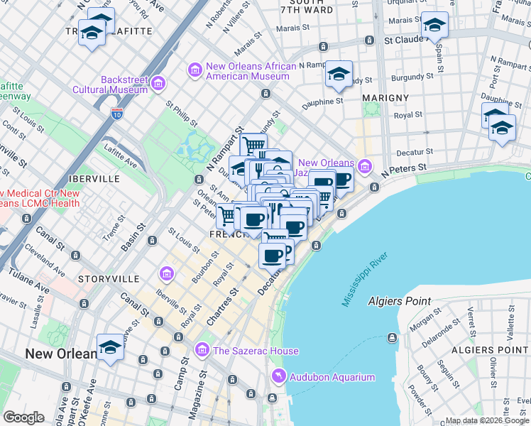 map of restaurants, bars, coffee shops, grocery stores, and more near 902 Royal Street in New Orleans