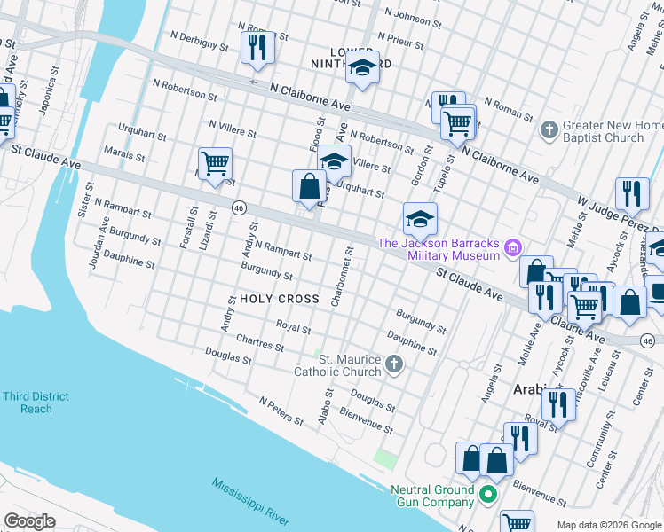 map of restaurants, bars, coffee shops, grocery stores, and more near 943 Lamanche Street in New Orleans