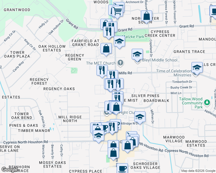 map of restaurants, bars, coffee shops, grocery stores, and more near 11020 Saathoff Drive in Cypress