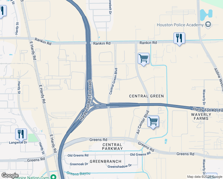 map of restaurants, bars, coffee shops, grocery stores, and more near Central Green Boulevard in Houston