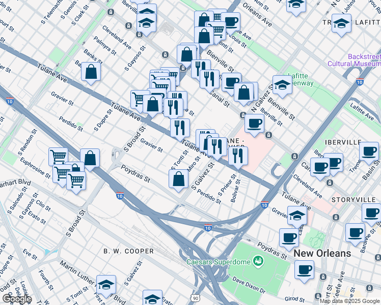 map of restaurants, bars, coffee shops, grocery stores, and more near 516 South Tonti Street in New Orleans